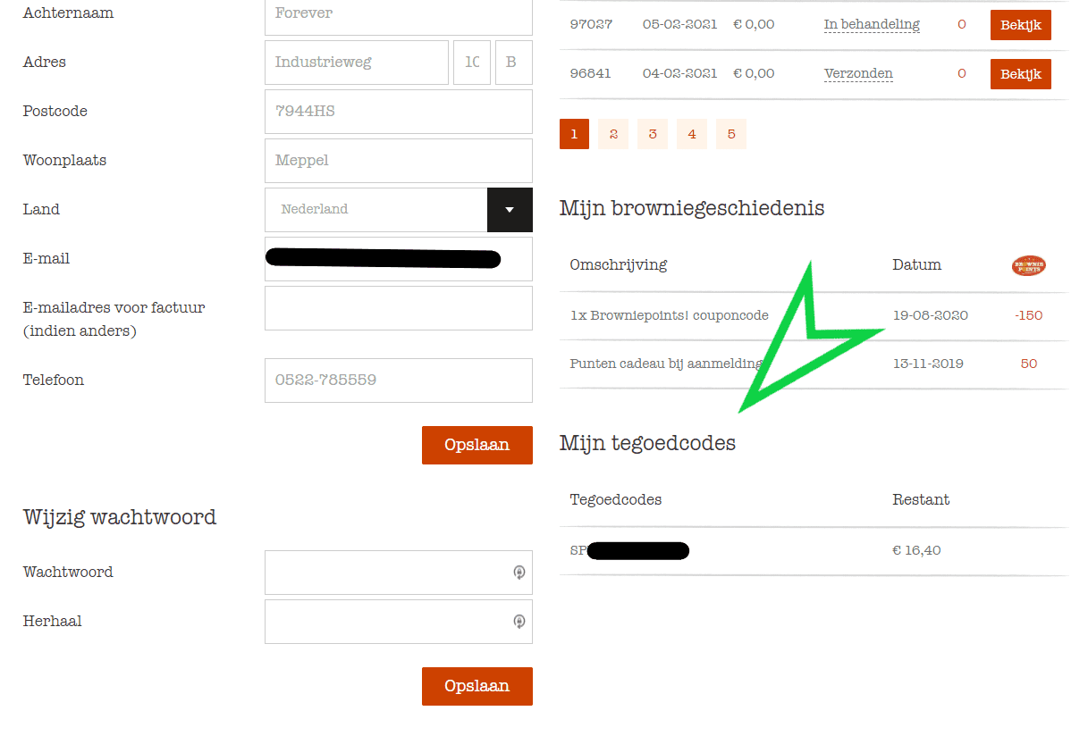 Tegoedcodes in account